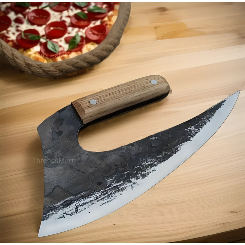 Axe Pizza Cutter Viking Handmade Steel Custom Carbon Hand Cutting Leather Sheath 4