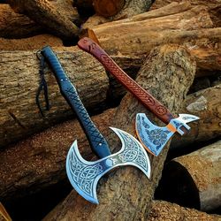 custom handmade carbon steel axe medieval warrior axe large decorative double headed axe. ash wood handle with leather s
