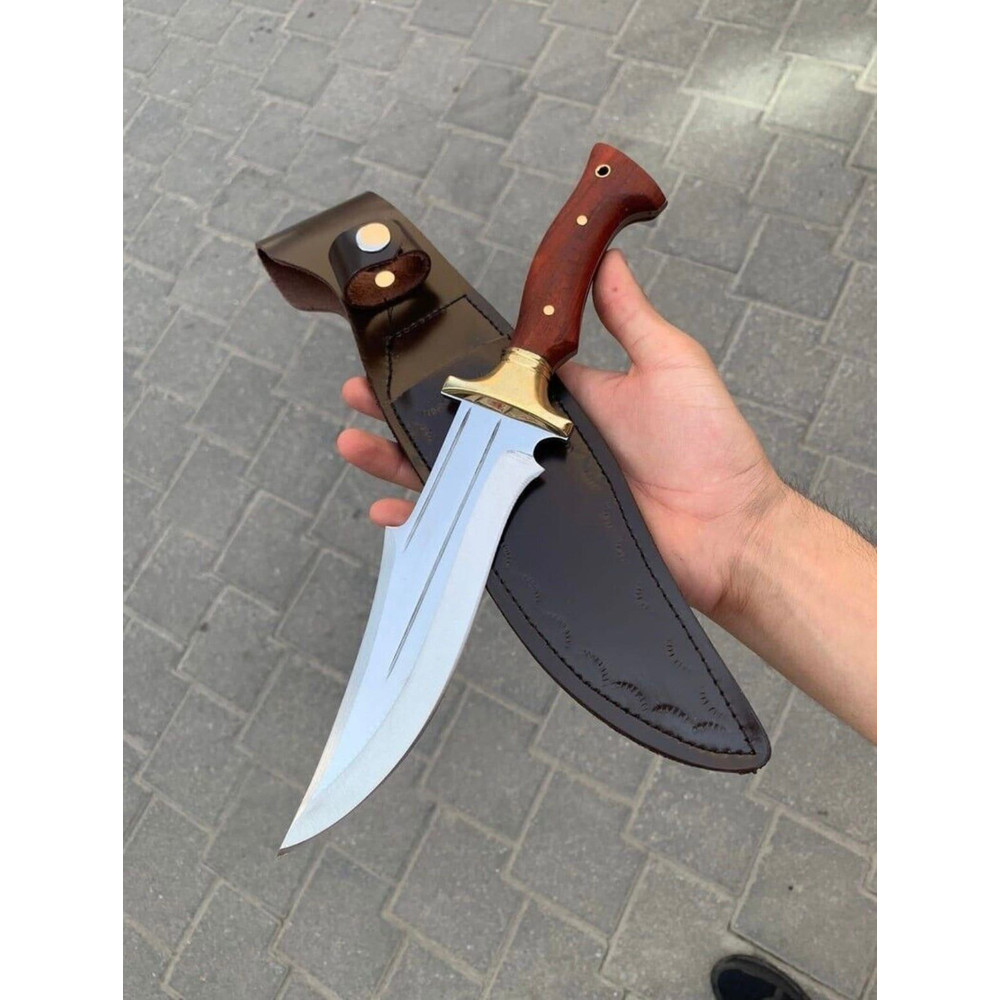 Handmade Hunting Camping Knife Stainless Steel Narrawood Handle Brass Guard Leather SheathGift For 0
