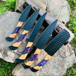 personalised damascus steel chef set, carbon steel chef knif set for kitchen, damascus handmade kitchen set for christma