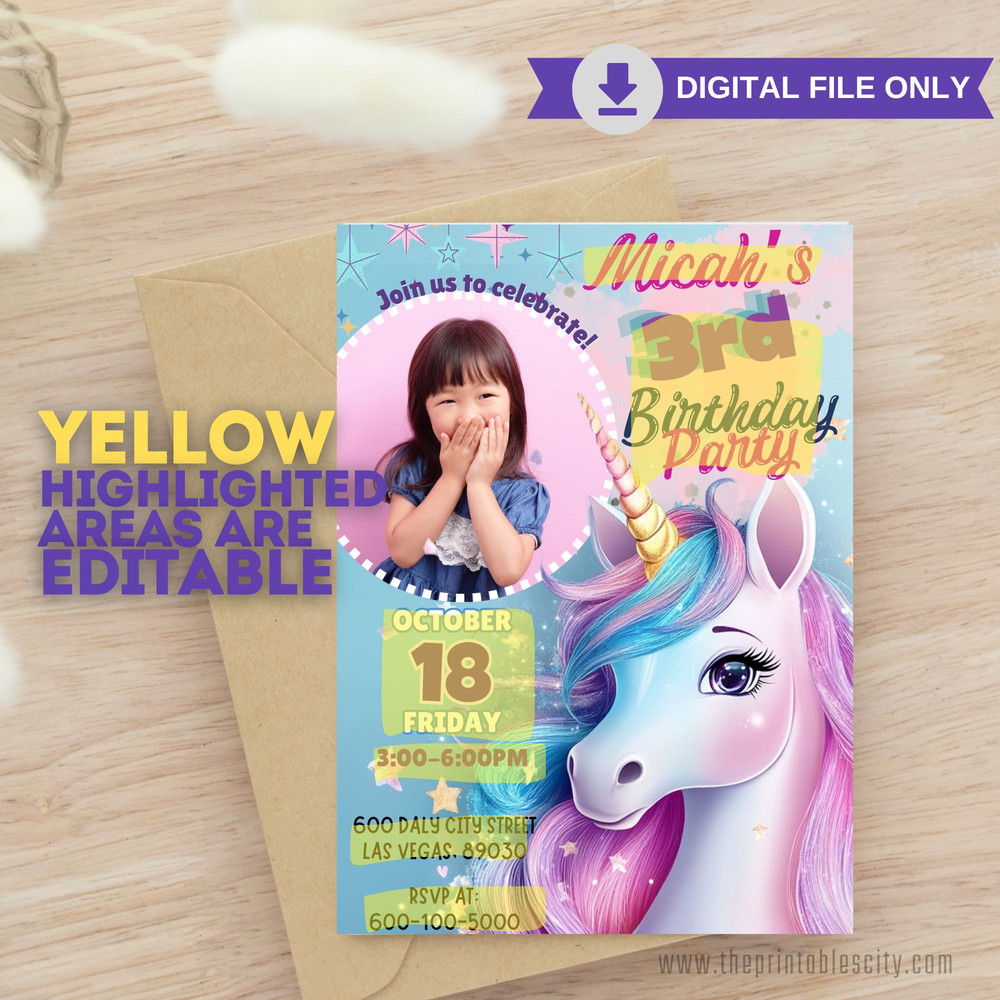 Unicorn Birthday Invitation Editable Template Rainbow Unicorn Party Invite Magical Kid Birthday Evi 1