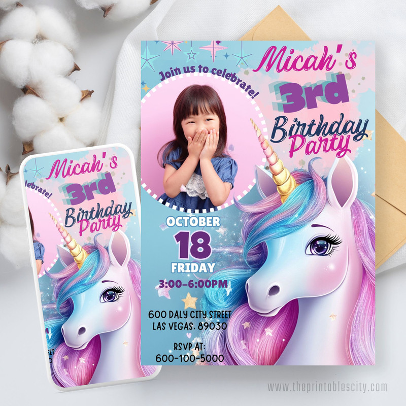 Unicorn Birthday Invitation Editable Template Rainbow Unicorn Party Invite Magical Kid Birthday Evi 0