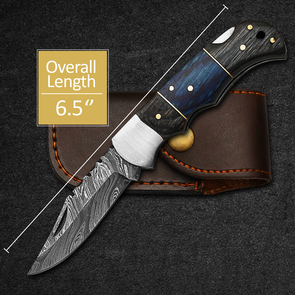 Custom Handmade Folding Knife Damascus Steel Pocket Knife With Leather Sheath 4