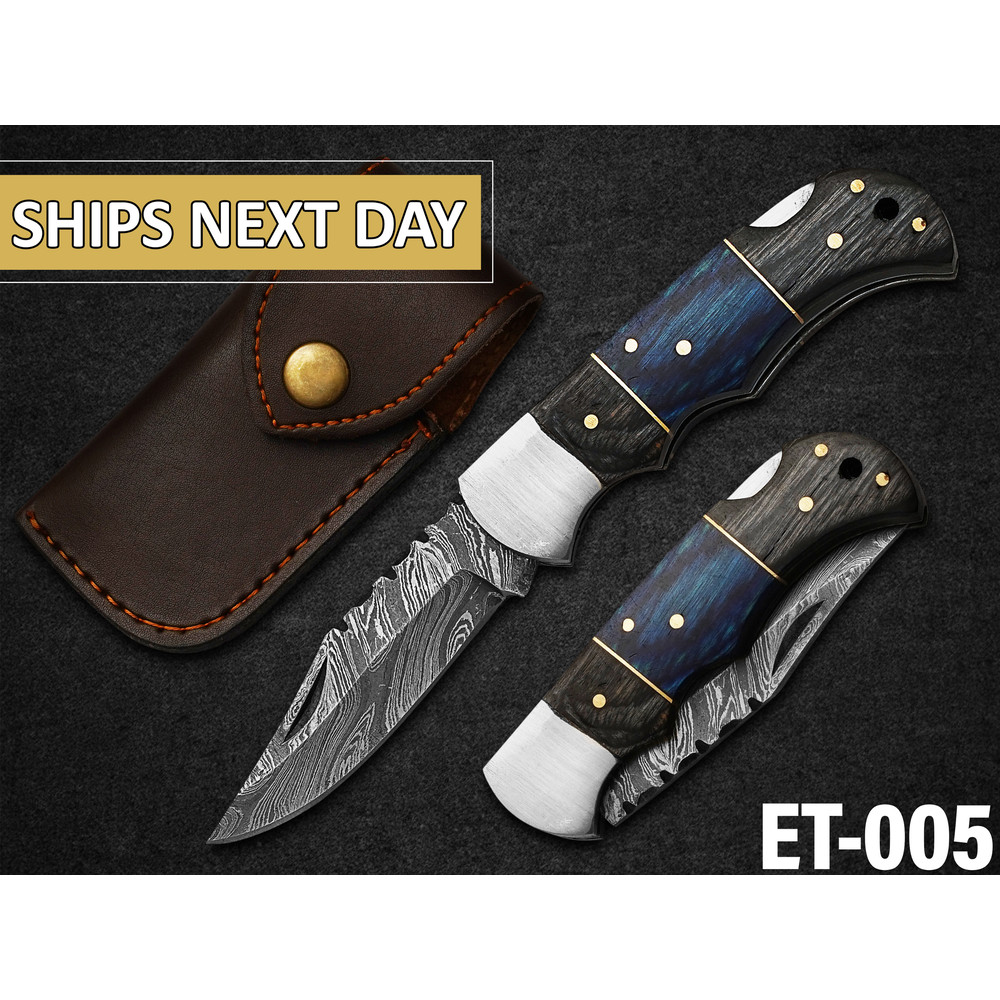 Custom Handmade Folding Knife Damascus Steel Pocket Knife With Leather Sheath 0