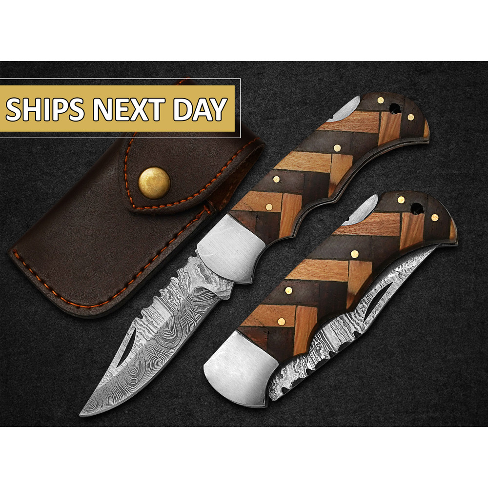 Custom Handmade Pocket Knife Damascus Steel Folding Knife With Leather Sheath 1