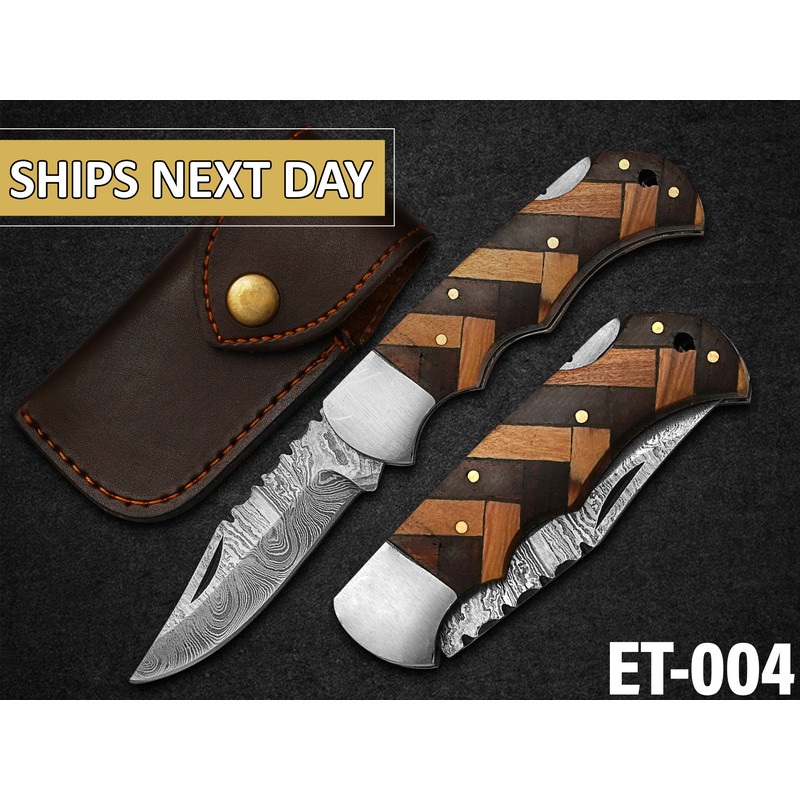 Custom Handmade Pocket Knife Damascus Steel Folding Knife With Leather Sheath 0