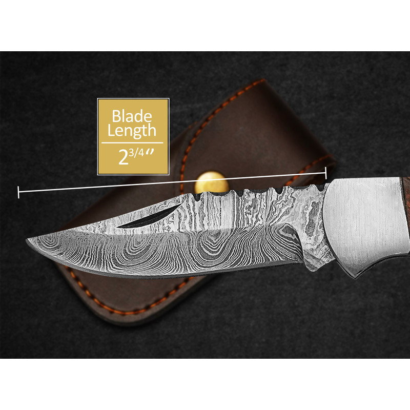 Custom Handmade Pocket Knife Damascus Steel Folding Knife With Leather Sheath 3