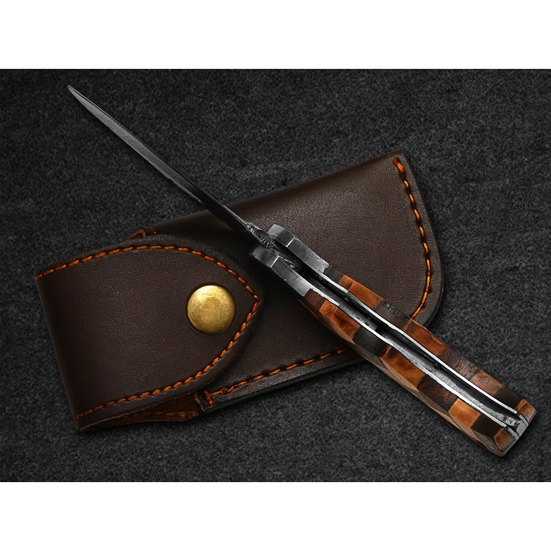 Custom Handmade Pocket Knife Damascus Steel Folding Knife With Leather Sheath 6