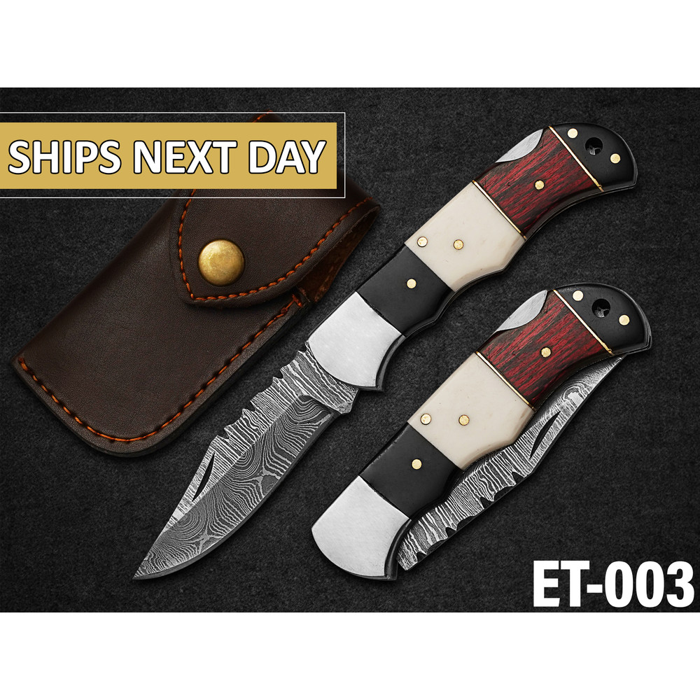 Custom Handmade Folding Knife Damascus Steel Lade Pocket Knife With Leather Sheath 0
