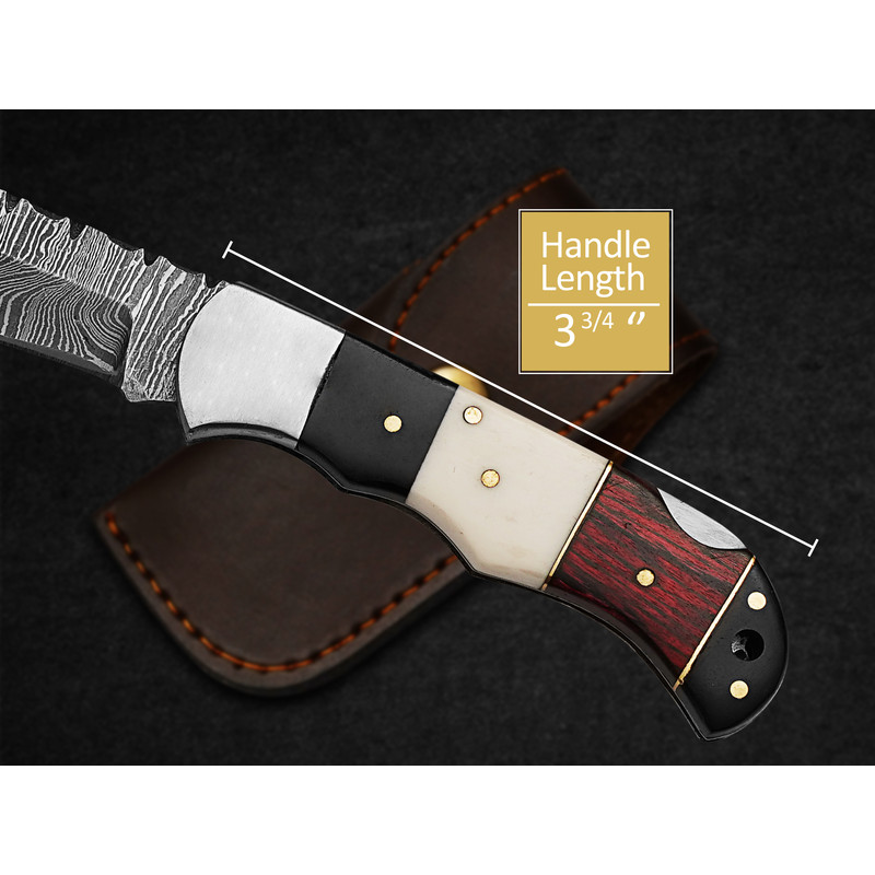 Custom Handmade Folding Knife Damascus Steel Lade Pocket Knife With Leather Sheath 1