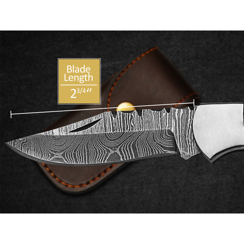 Custom Handmade Folding Knife Damascus Steel Lade Pocket Knife With Leather Sheath 2