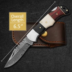 custom handmade folding knife damascus steel lade pocket knife with leather sheath,
