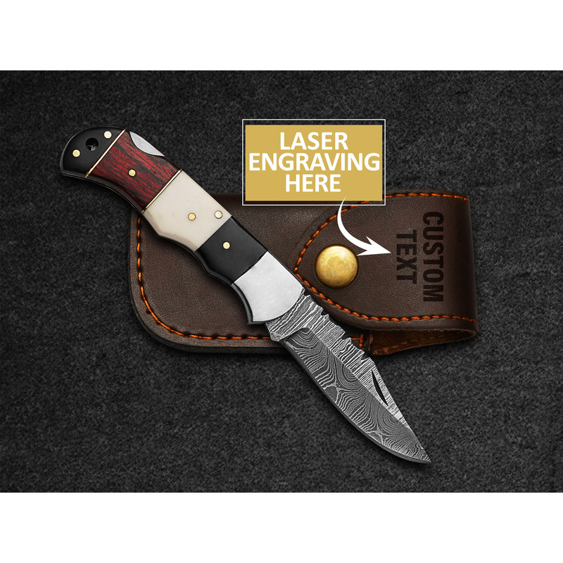 Custom Handmade Folding Knife Damascus Steel Lade Pocket Knife With Leather Sheath 4