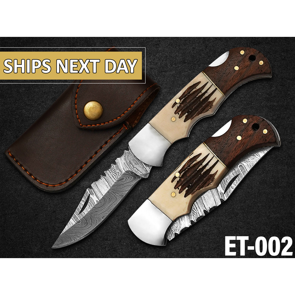 Groomsmen Knife Handmade Pocket Knife Damascus Folding Knife Stag Horn And Camel Bone Handle Grooms 0