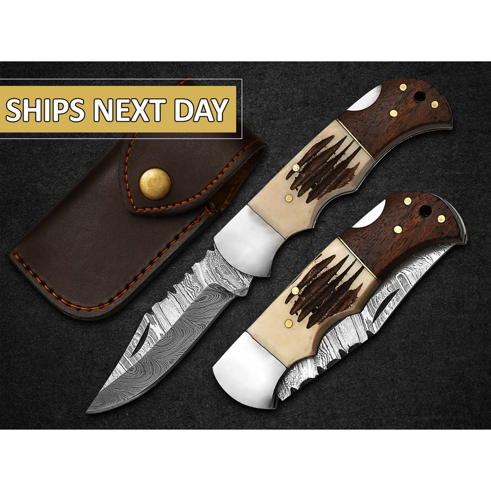 Groomsmen Knife Handmade Pocket Knife Damascus Folding Knife Stag Horn And Camel Bone Handle Grooms 7