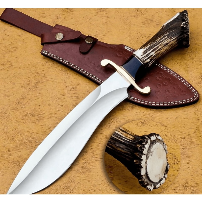 Handmade D2 Steel Bowie Knife 15 Hunting Blade Stag Antler Crown Handle Leather Sheath Outdoor K 0