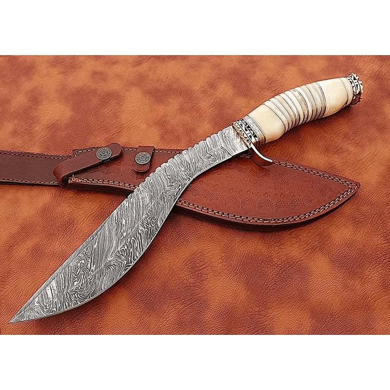 Damascus Steel Kukri Bowie Knife Camel Bone Handle 15 Vintage Hunting Knife W Leather Sheath Hunt 0