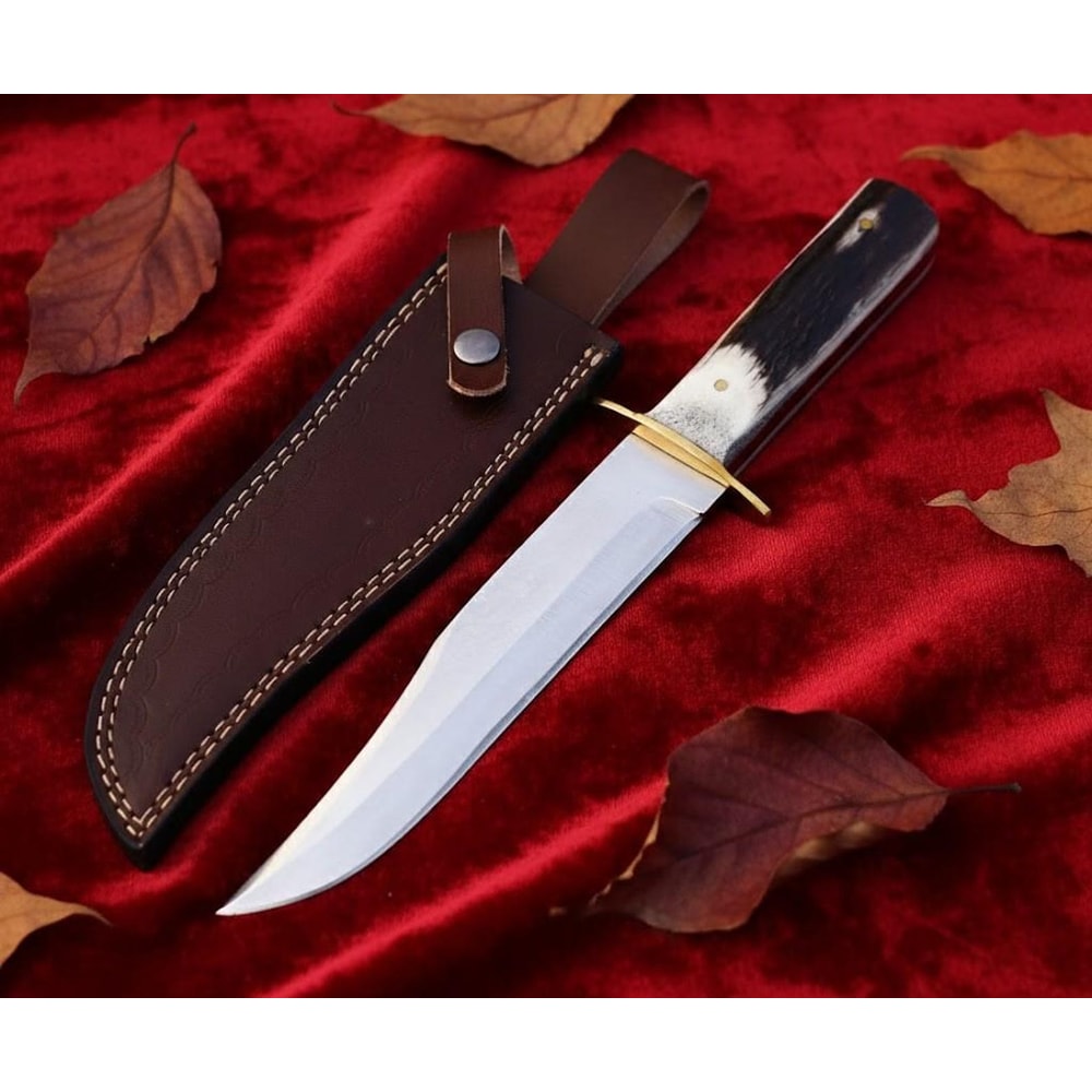 Handmade Stag Antler Bowie Knife 13 Stainless Steel Hunting Knife With Sheath 0