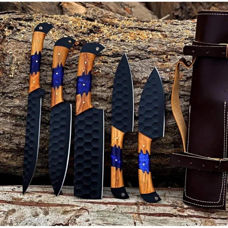 HandForged Chef Knife Set Hammered Black Blade Kitchen Knives With Wooden Handle 2