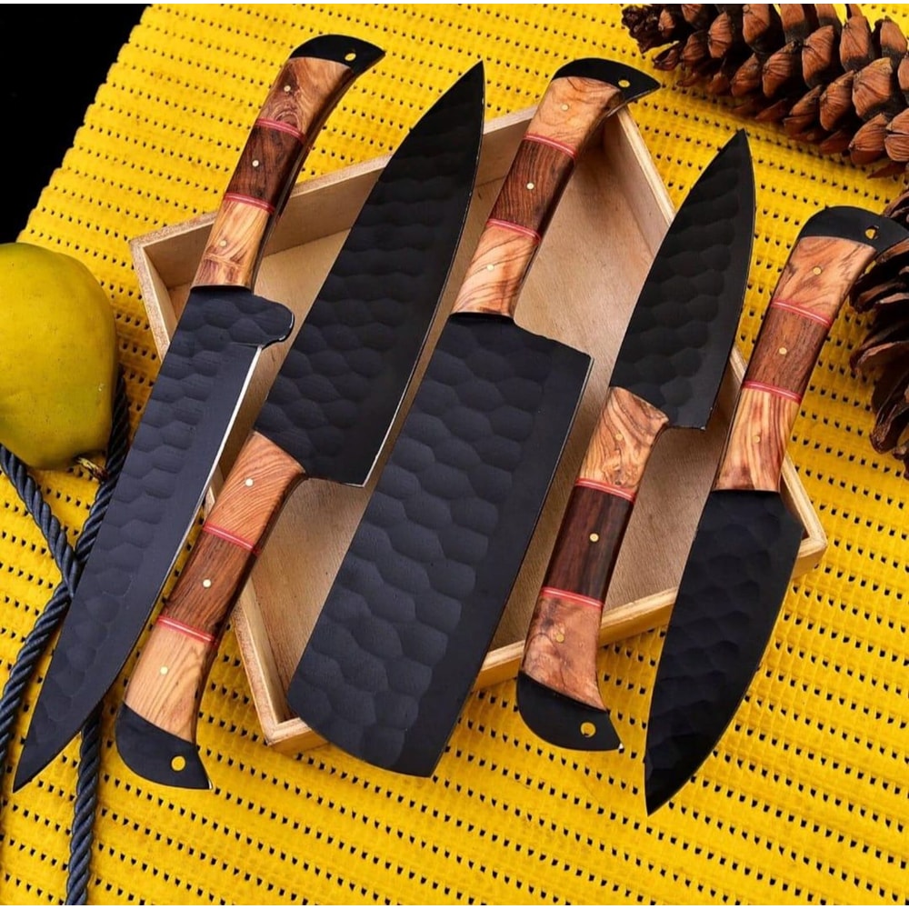 HandForged Chef Knife Set Hammered Black Blade Kitchen Knives With Wooden Handle 7