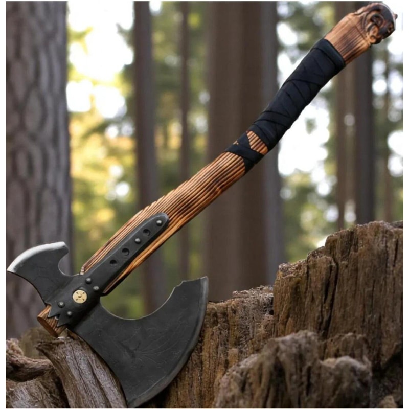 Hand Forged Steel Viking Double Blade Axe Carved Wood Handle Collectible Outdoor Tool 2