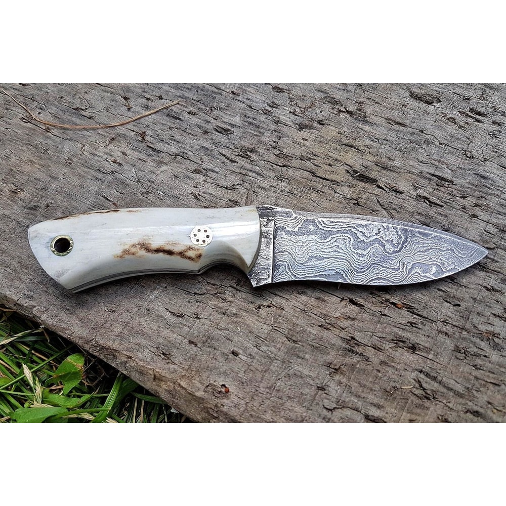 Real Damascus Small EDC Hunting Knife 150 Layers Stag Horn Handle With Leather Sheath 4