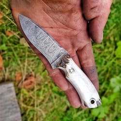 real damascus small edc hunting knife 150 layers stag horn handle with leather sheath