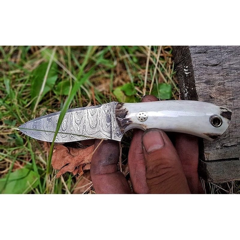 Real Damascus Small EDC Hunting Knife 150 Layers Stag Horn Handle With Leather Sheath 6