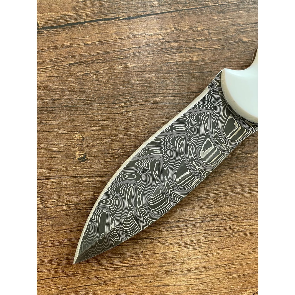 Handmade Damascus Outdoor Knife White Corian Handle Hunting Survival Blade 5