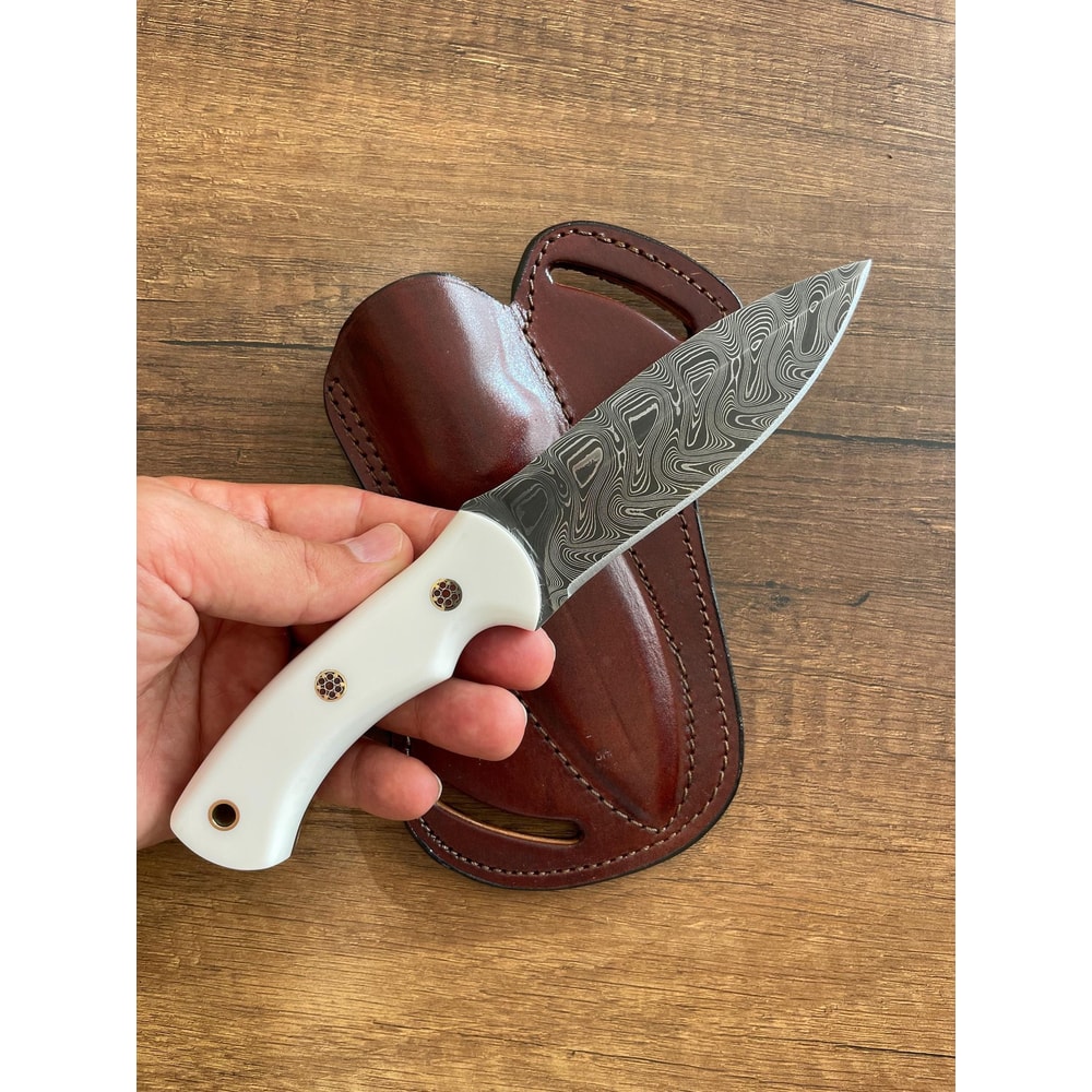Handmade Damascus Outdoor Knife White Corian Handle Hunting Survival Blade 0