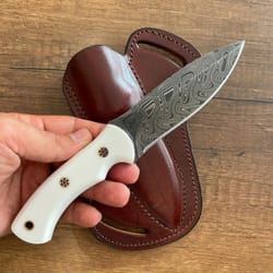 handmade damascus outdoor knife – white corian handle hunting & survival blade