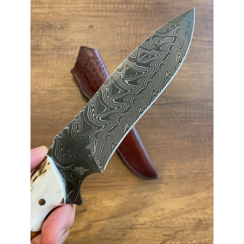 Handmade Damascus Outdoor Knife Stag Horn Silverberry Hunting Blade 4