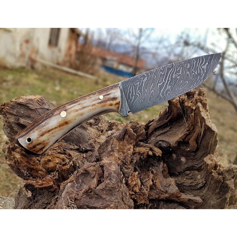 Premium 150 Layer Damascus Steel Outdoor Knife With Full Tang Stag Horn Grip 5