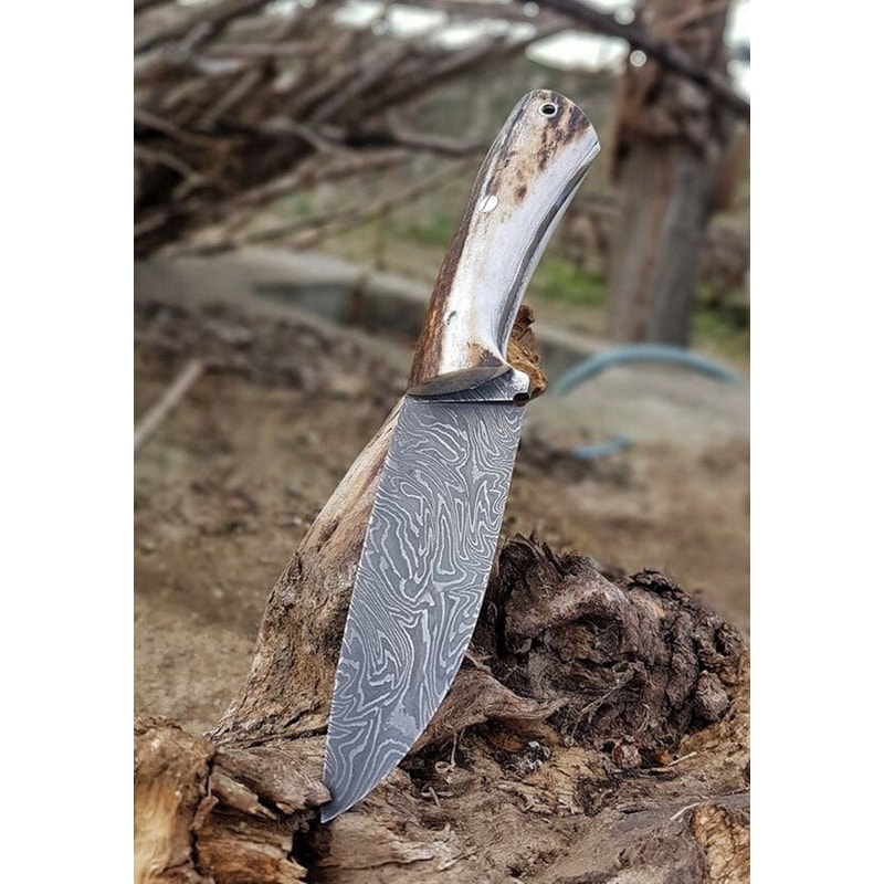 Premium 150 Layer Damascus Steel Outdoor Knife With Full Tang Stag Horn Grip 6