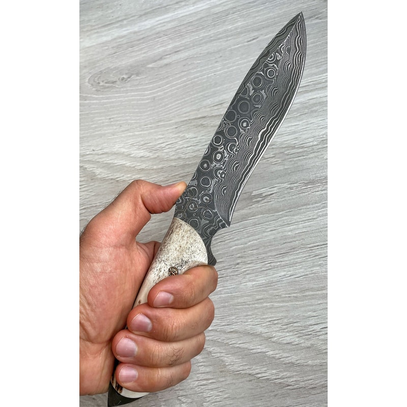 Real Damascus Hunting Knife 150 Layers Full Tang Camping Survival Knife Stag Horn Handle 5
