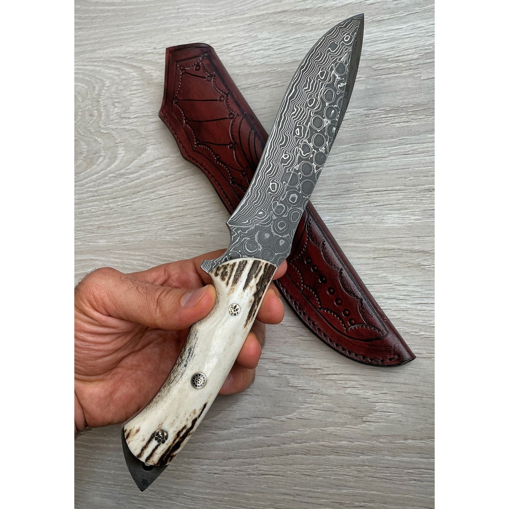 Real Damascus Hunting Knife 150 Layers Full Tang Camping Survival Knife Stag Horn Handle 0