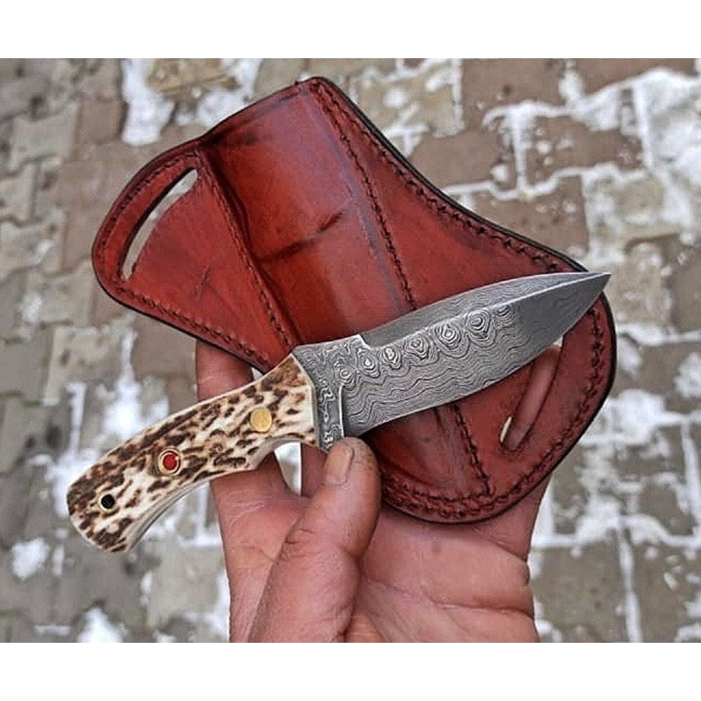 Handmade Damascus Camping Knife Stag Horn Handle Outdoor Hunting Blade 1