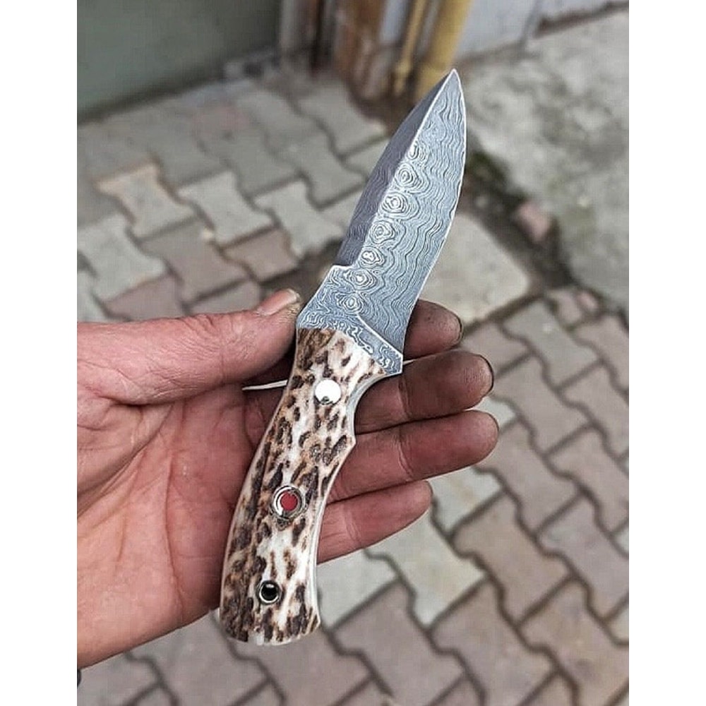 Handmade Damascus Camping Knife Stag Horn Handle Outdoor Hunting Blade 6