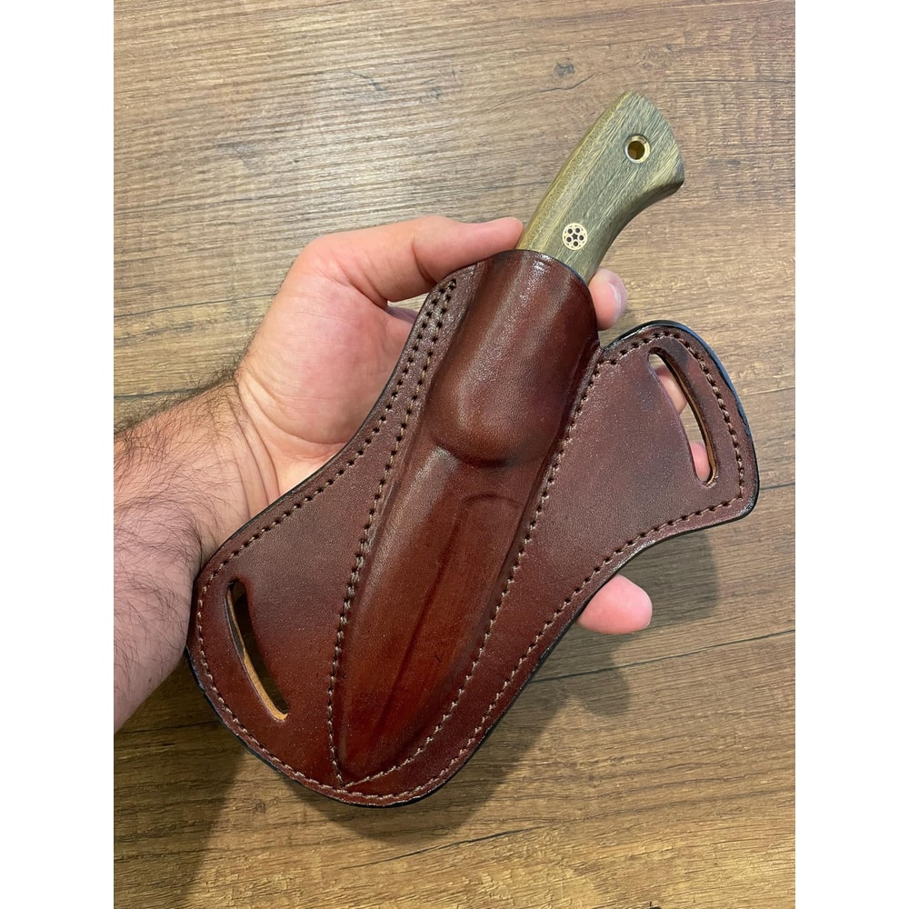 Damascus Bushcraft Hunting Knife With Green Rosewood Handle Leather Sheath 3