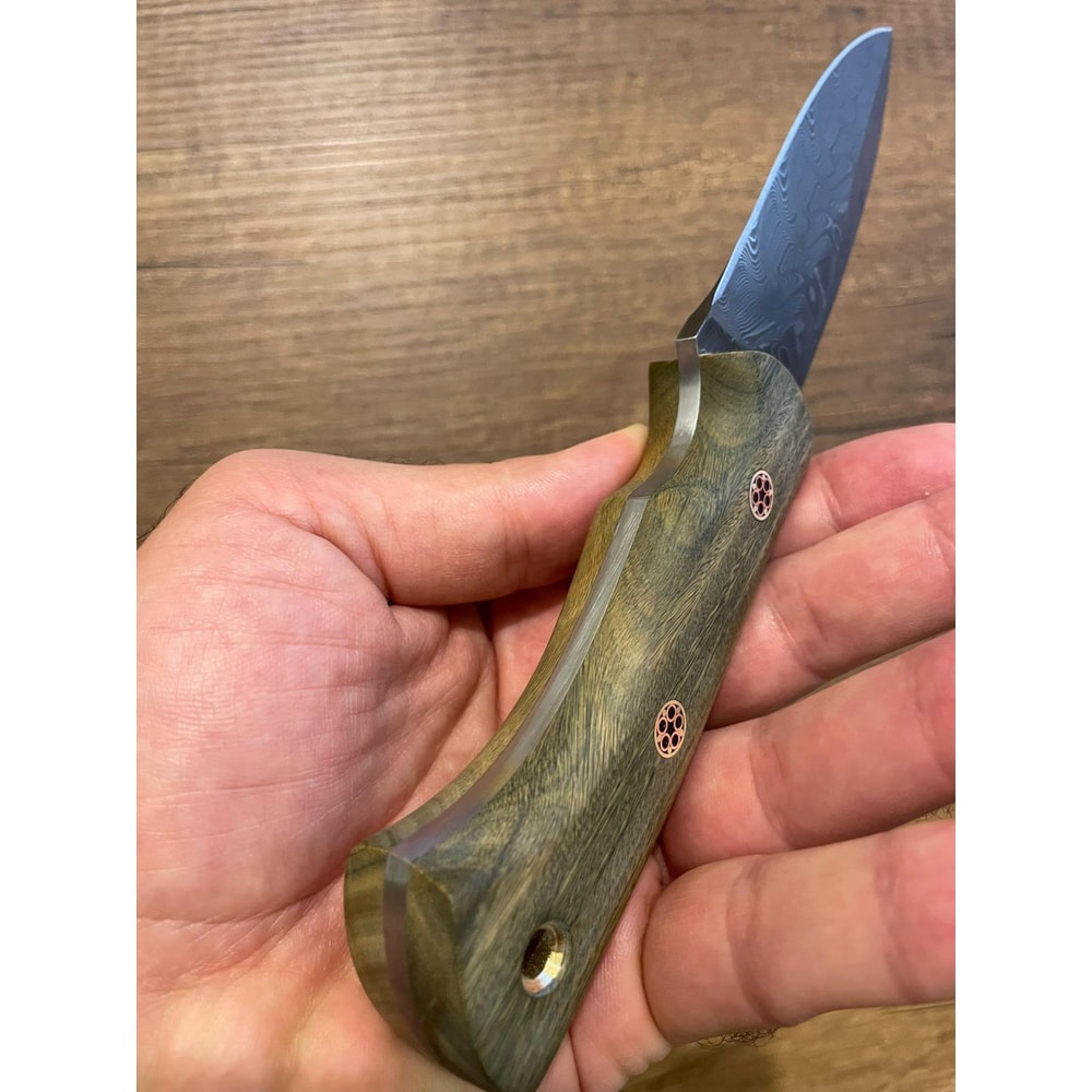 Damascus Bushcraft Hunting Knife With Green Rosewood Handle Leather Sheath 4
