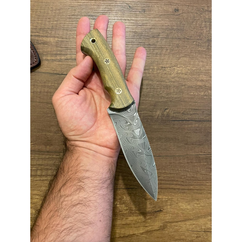 Damascus Bushcraft Hunting Knife With Green Rosewood Handle Leather Sheath 5