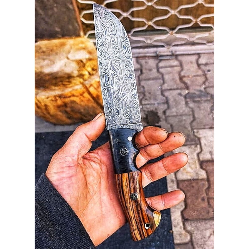 Full Tang Damascus Survival Knife With Cocobolo Wood Carbon Fiber Handle 7