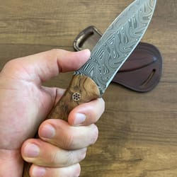 damascus everyday carry knife with gloss chestnut handle & leather sheath