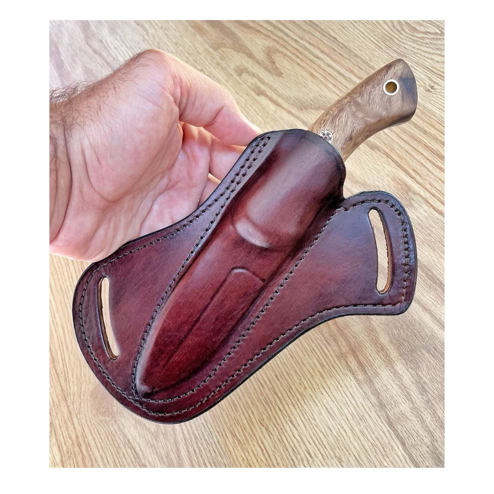 Damascus Everyday Carry Knife With Gloss Chestnut Handle Leather Sheath 9