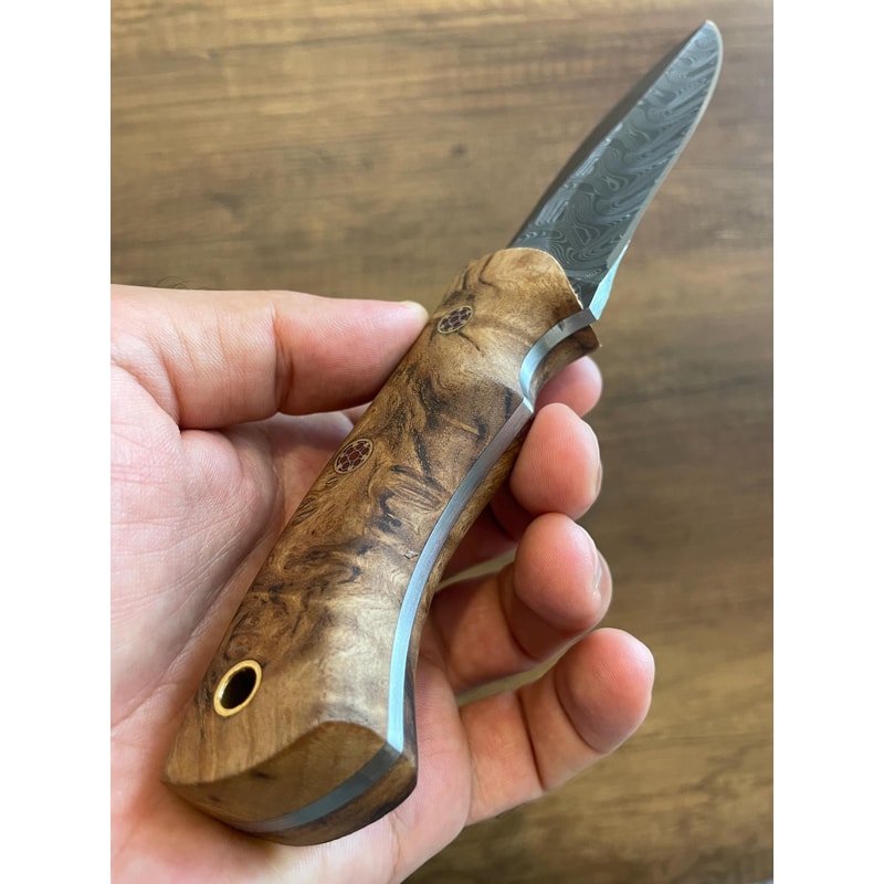 Damascus Everyday Carry Knife With Gloss Chestnut Handle Leather Sheath 1