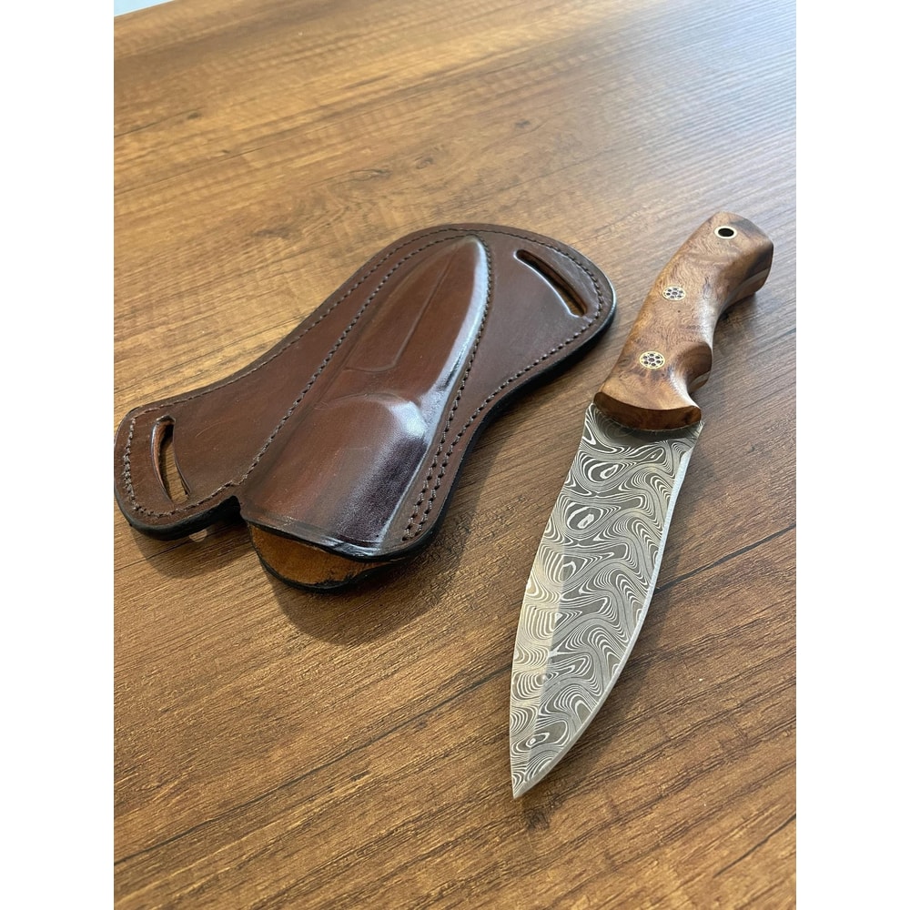 Damascus Everyday Carry Knife With Gloss Chestnut Handle Leather Sheath 3