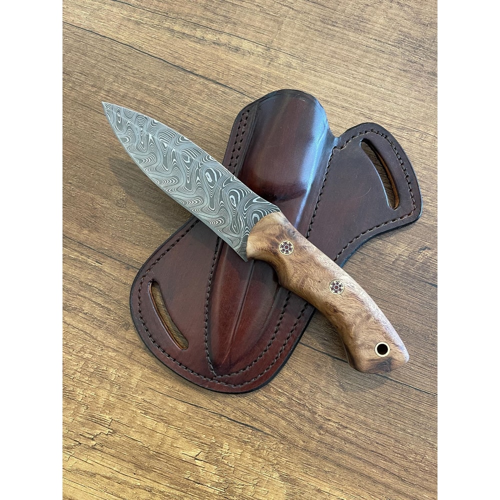 Damascus Everyday Carry Knife With Gloss Chestnut Handle Leather Sheath 7