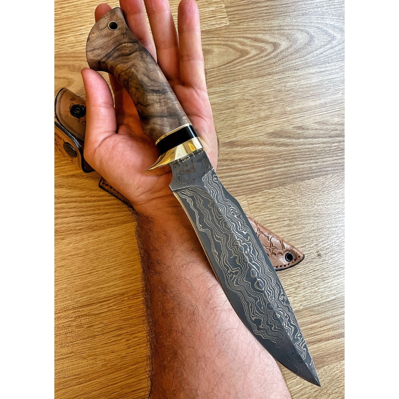 Handmade Damascus Bowie Knife Walnut Ebony Wood Hunting Blade 7