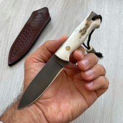 full tang mini bushcraft knife with stag horn handle & leather sheath