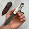 Full Tang Mini Bushcraft Knife With Stag Horn Handle Leather Sheath 0